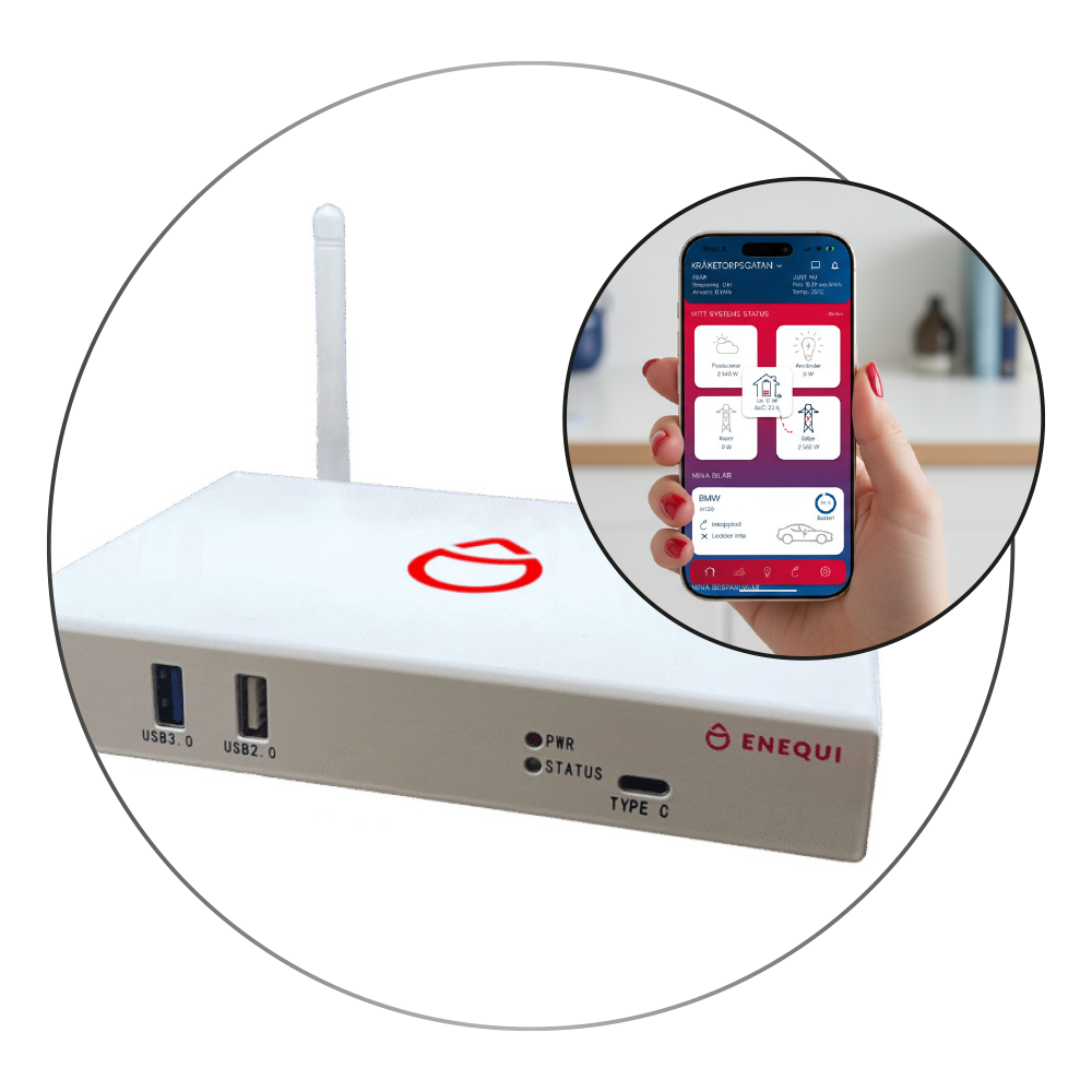 Enequi smartstyrning, powerhub med mobiltelefon.