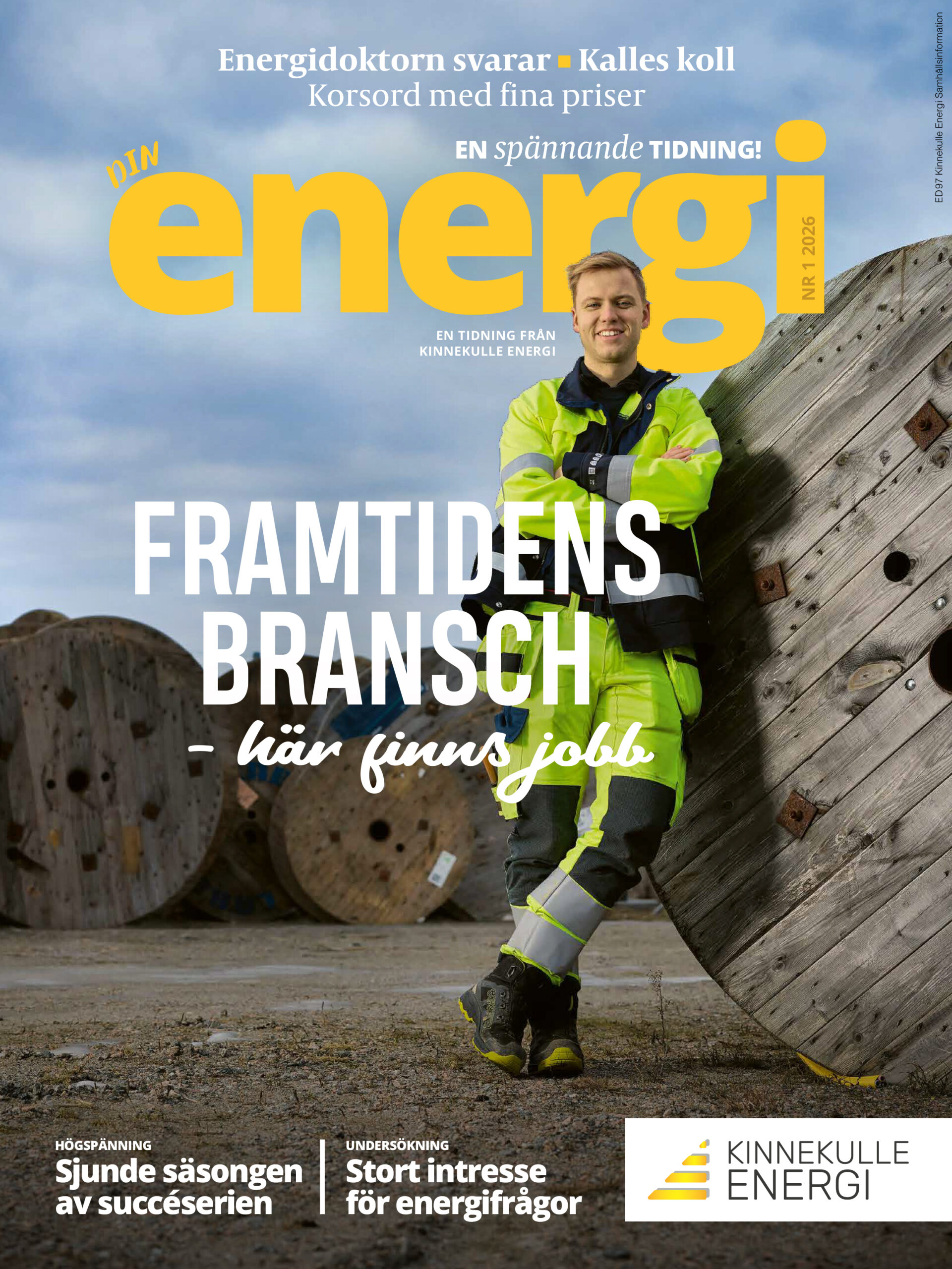 Tidningsomslag av Din Energi. Man som står lutad mot en kabelvinda.
