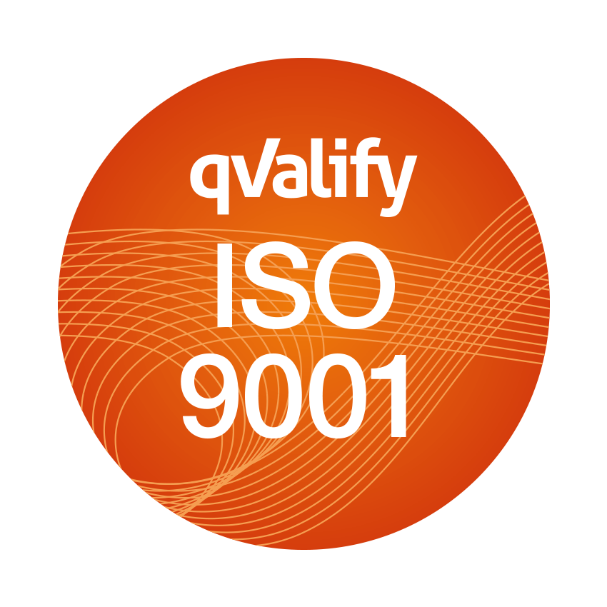 Orange cirkel med ISO 9001 certifiering.